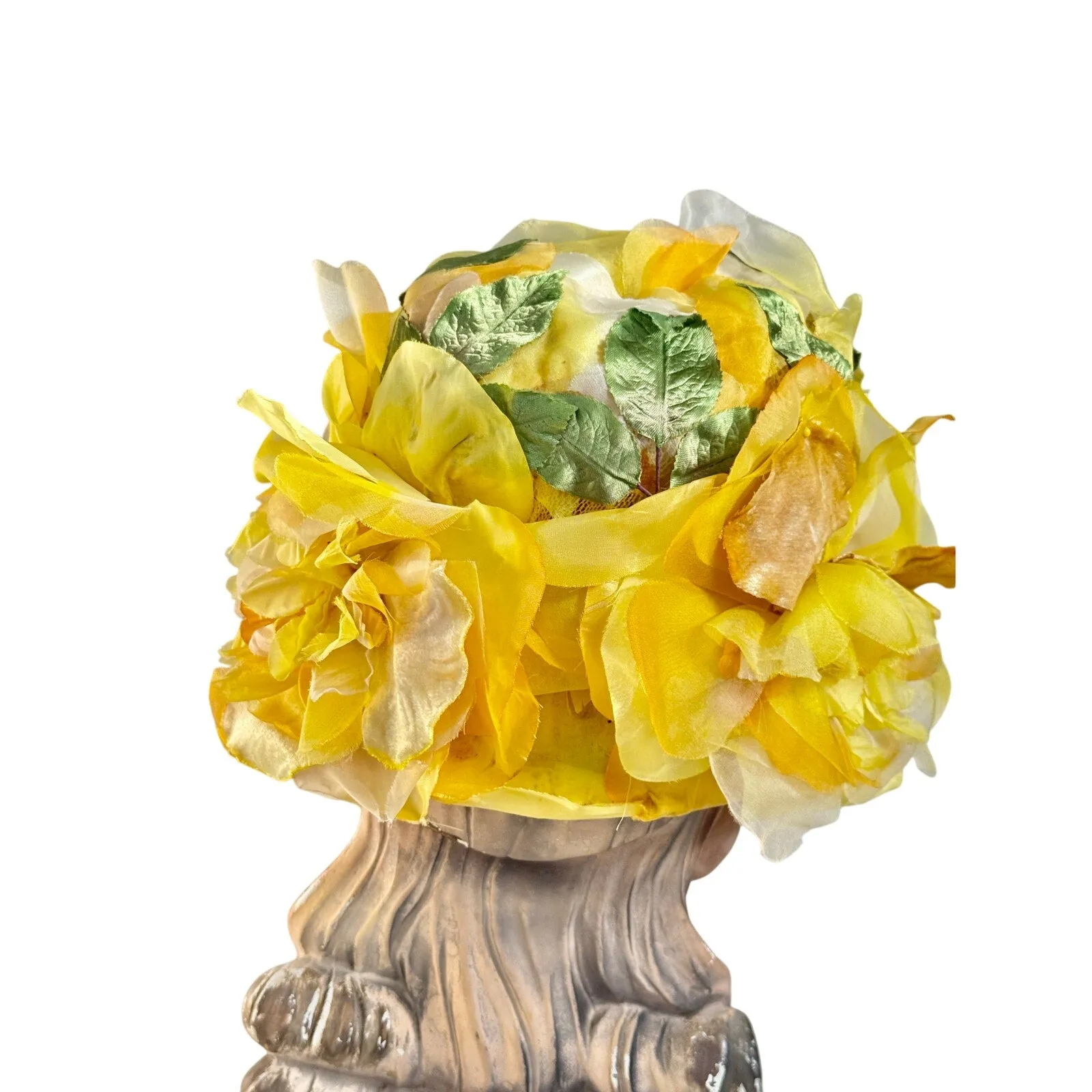 1950s VTG Bucket Hat Floral Fantasy Huge Yellow Silk Flowers Garden Party O/S