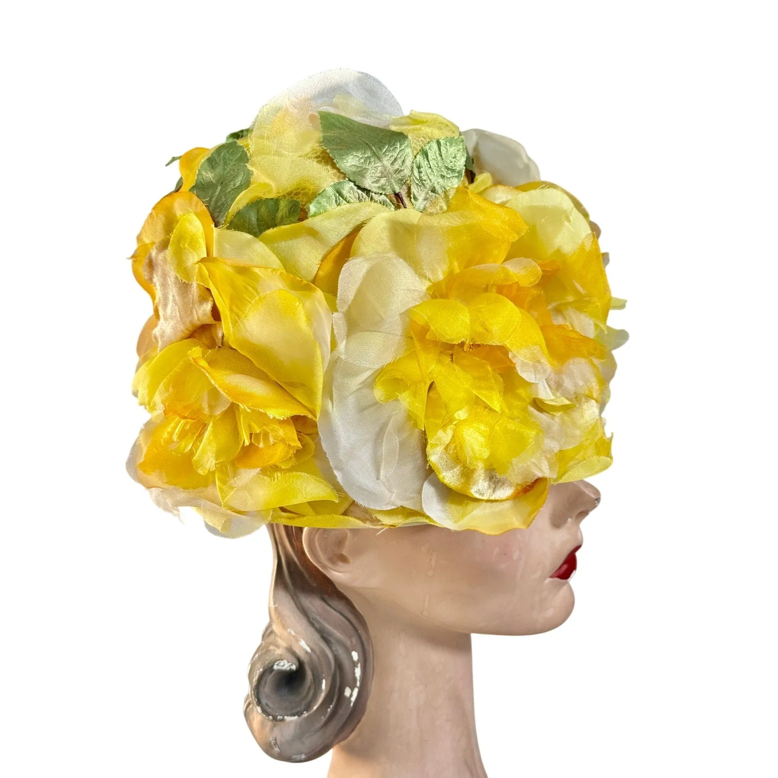1950s VTG Bucket Hat Floral Fantasy Huge Yellow Silk Flowers Garden Party O/S