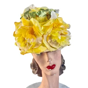 1950s VTG Bucket Hat Floral Fantasy Huge Yellow Silk Flowers Garden Party O/S