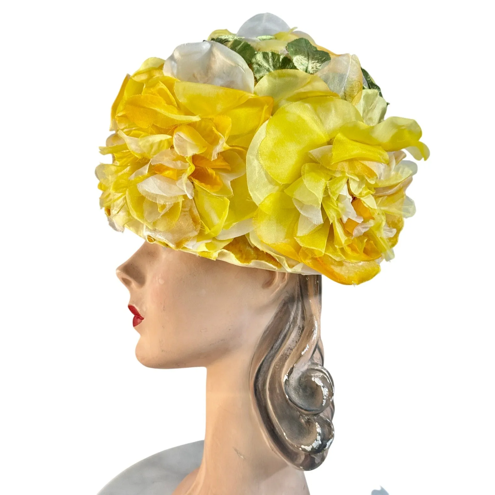 1950s VTG Bucket Hat Floral Fantasy Huge Yellow Silk Flowers Garden Party O/S