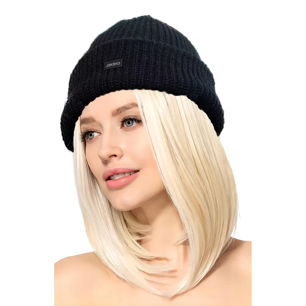 Beanie Hats for Women with Hair Wig Attached Winter Hats Knit Cap