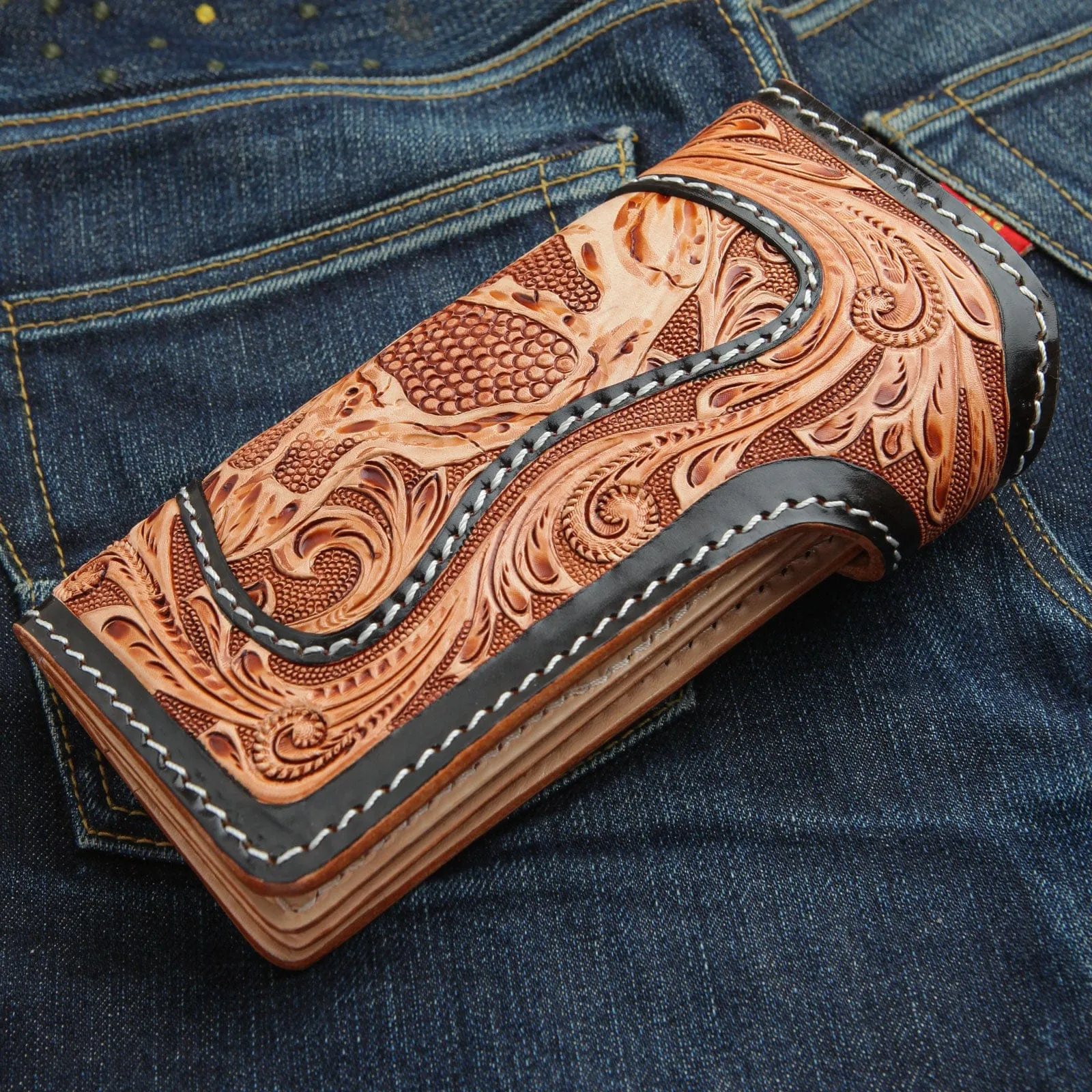 Beige Light Brown Custom Demon Genuine Cowhide Leather Biker Men's Wallet