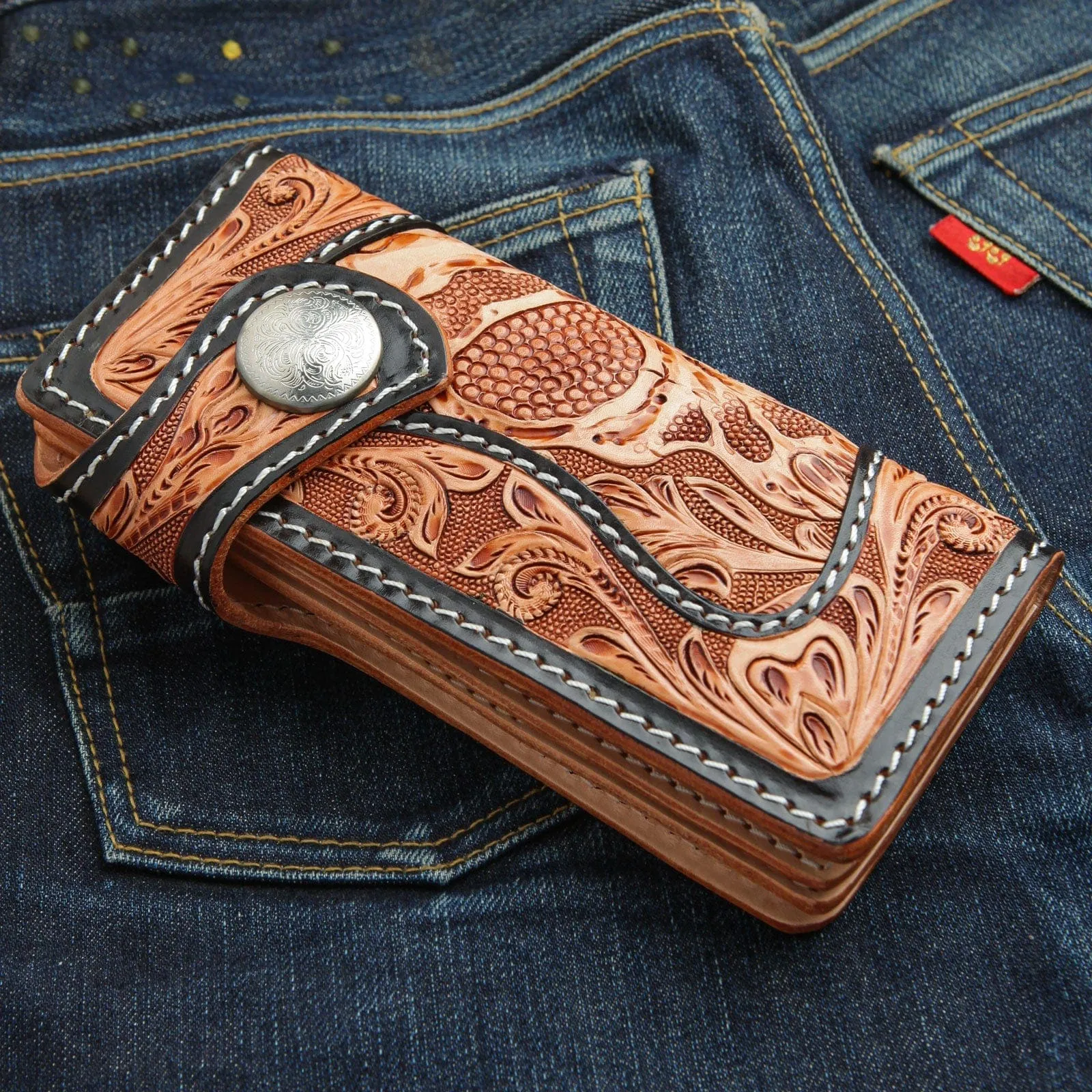 Beige Light Brown Custom Demon Genuine Cowhide Leather Biker Men's Wallet