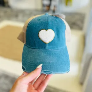 Blue Chenille Heart Patch Snapback Hat