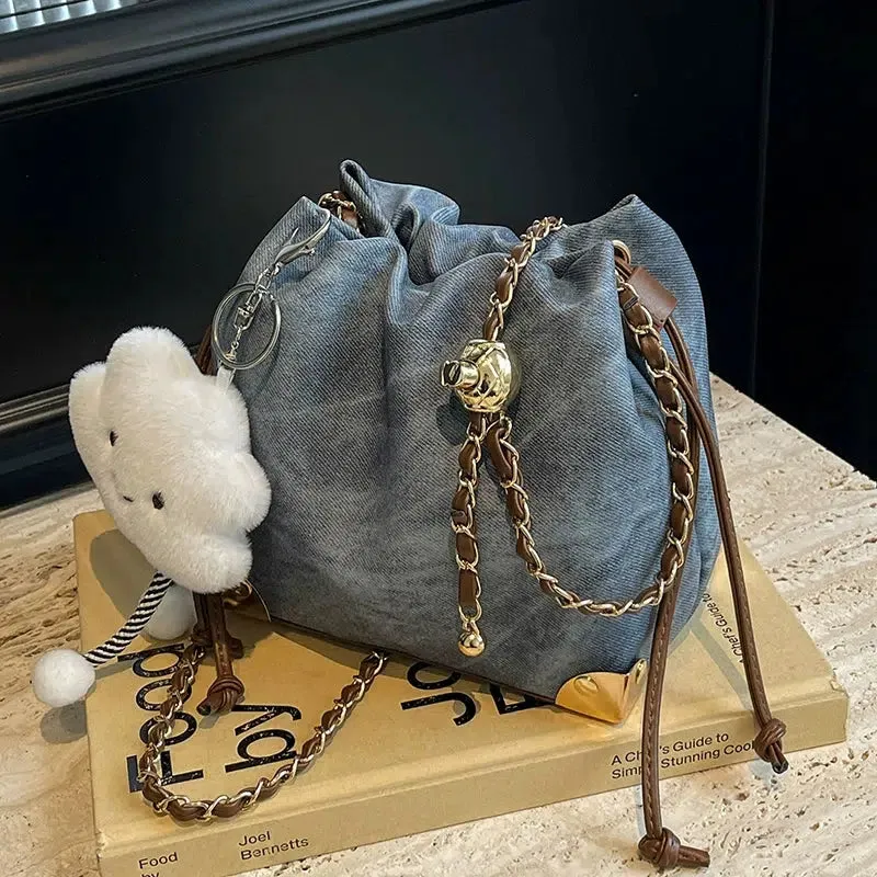 Cloud Plush Pendant Drawstring Bucket Bag