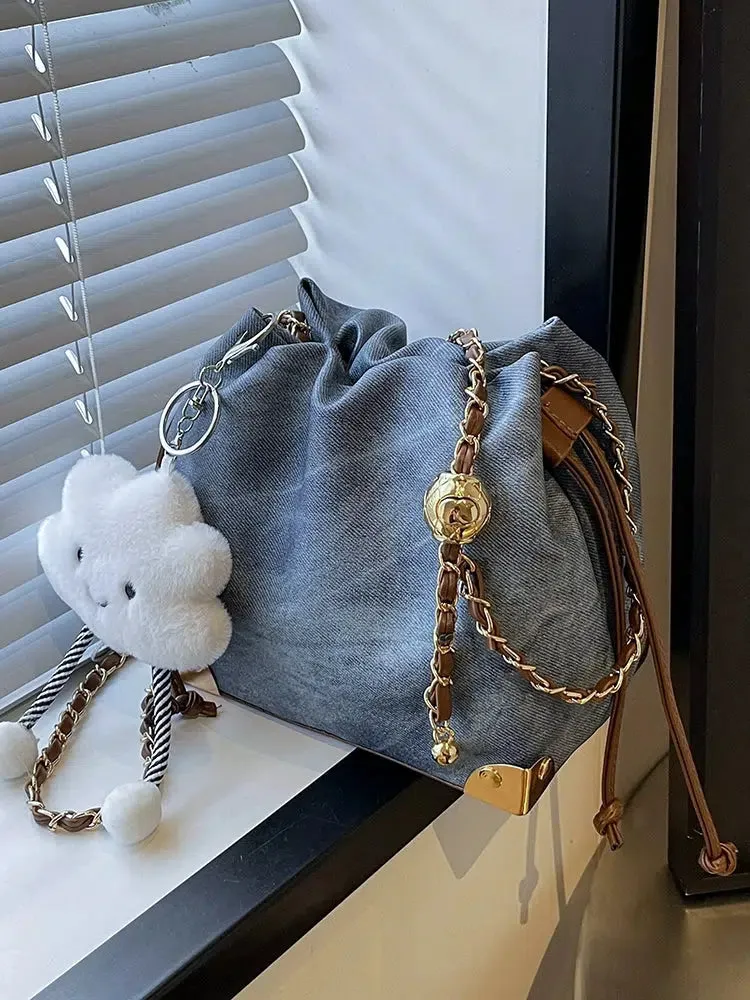Cloud Plush Pendant Drawstring Bucket Bag