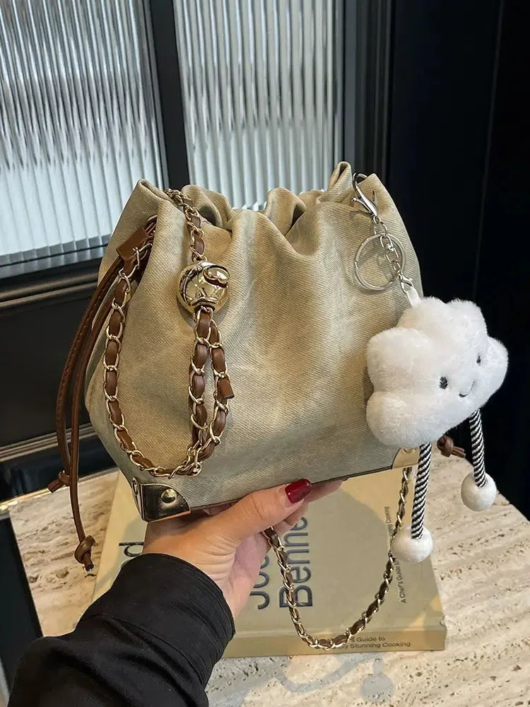 Cloud Plush Pendant Drawstring Bucket Bag