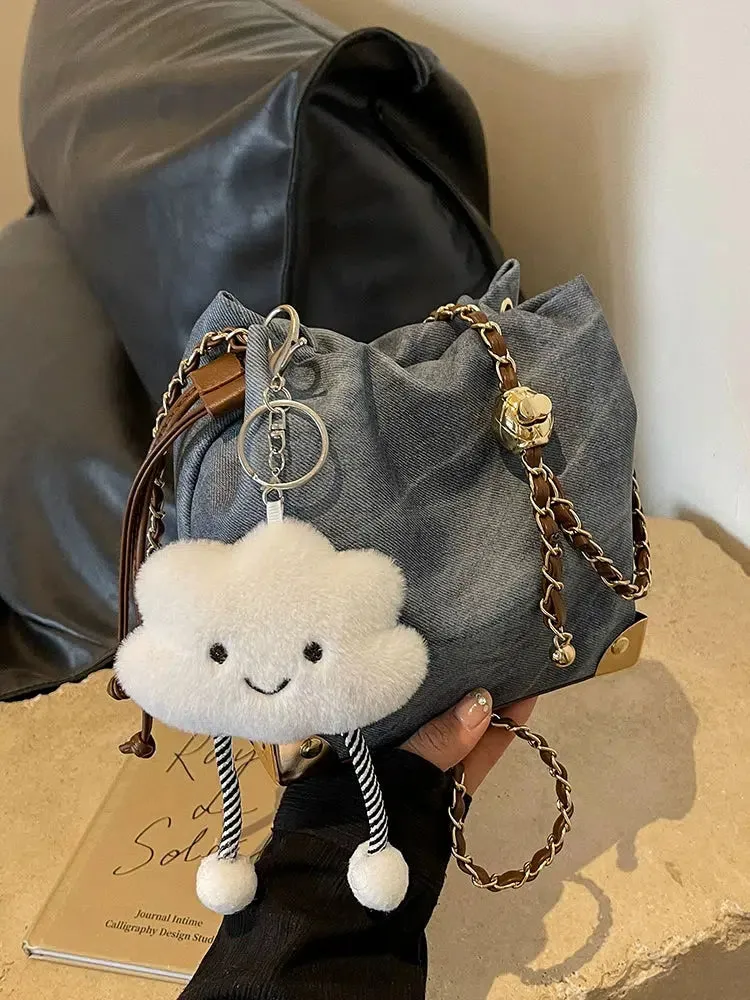 Cloud Plush Pendant Drawstring Bucket Bag