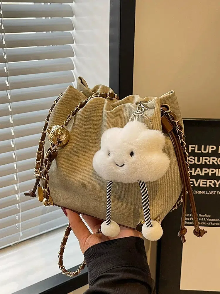 Cloud Plush Pendant Drawstring Bucket Bag