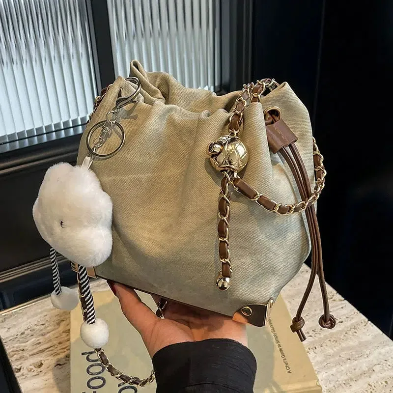 Cloud Plush Pendant Drawstring Bucket Bag