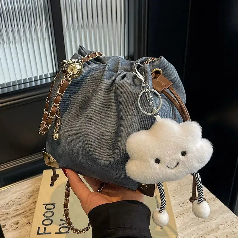 Cloud Plush Pendant Drawstring Bucket Bag