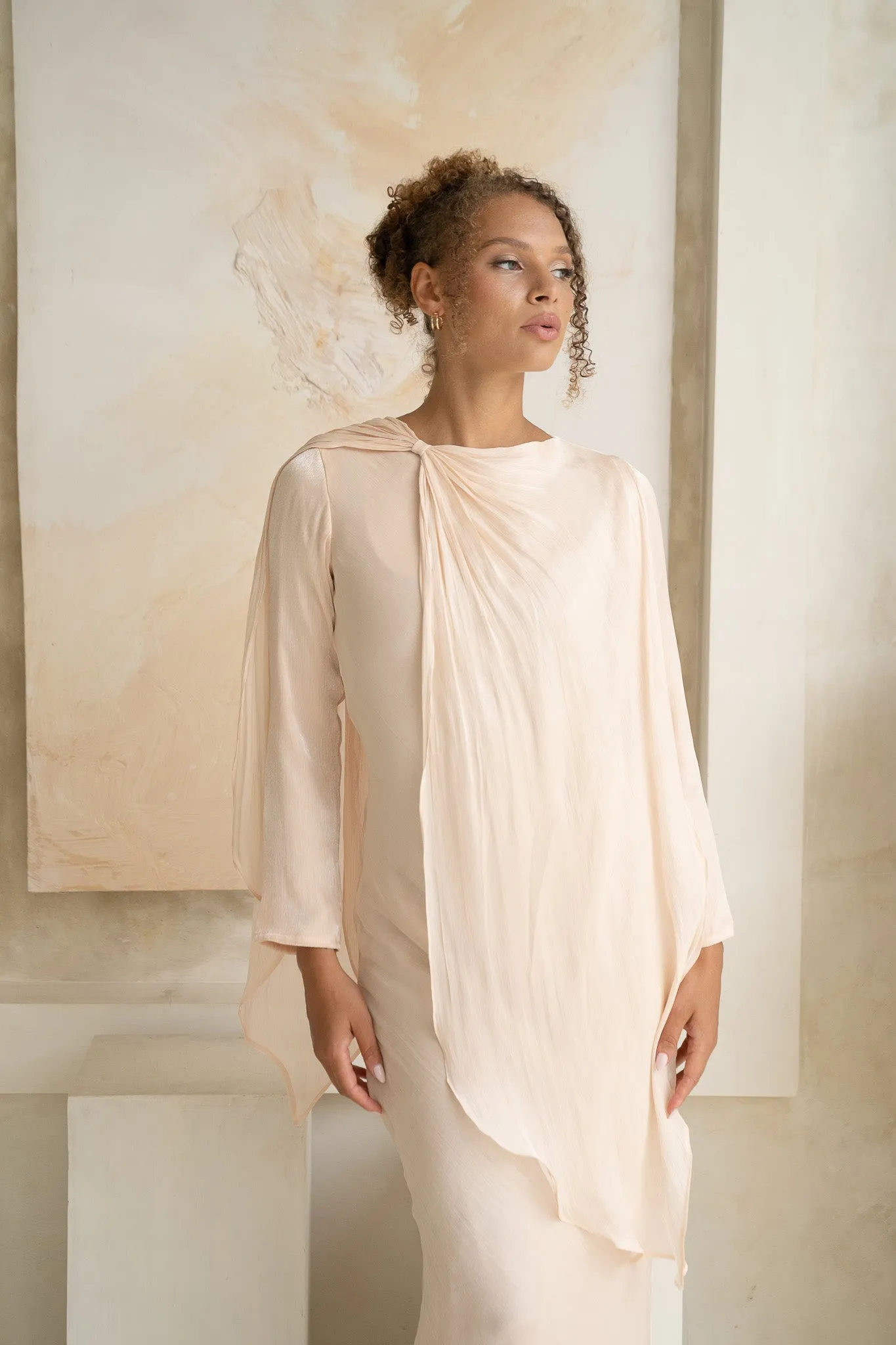 Cream Caped Elegance Flow Maxi Dress