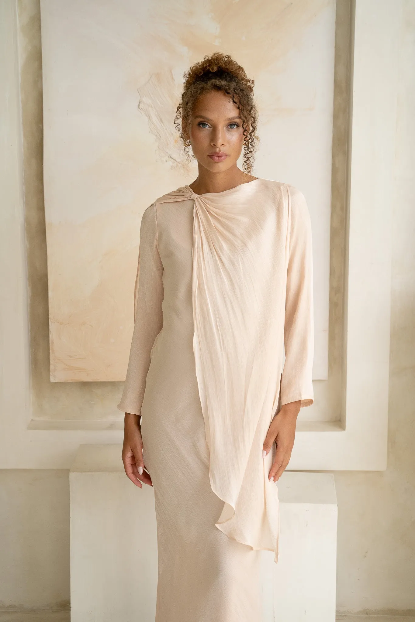 Cream Caped Elegance Flow Maxi Dress