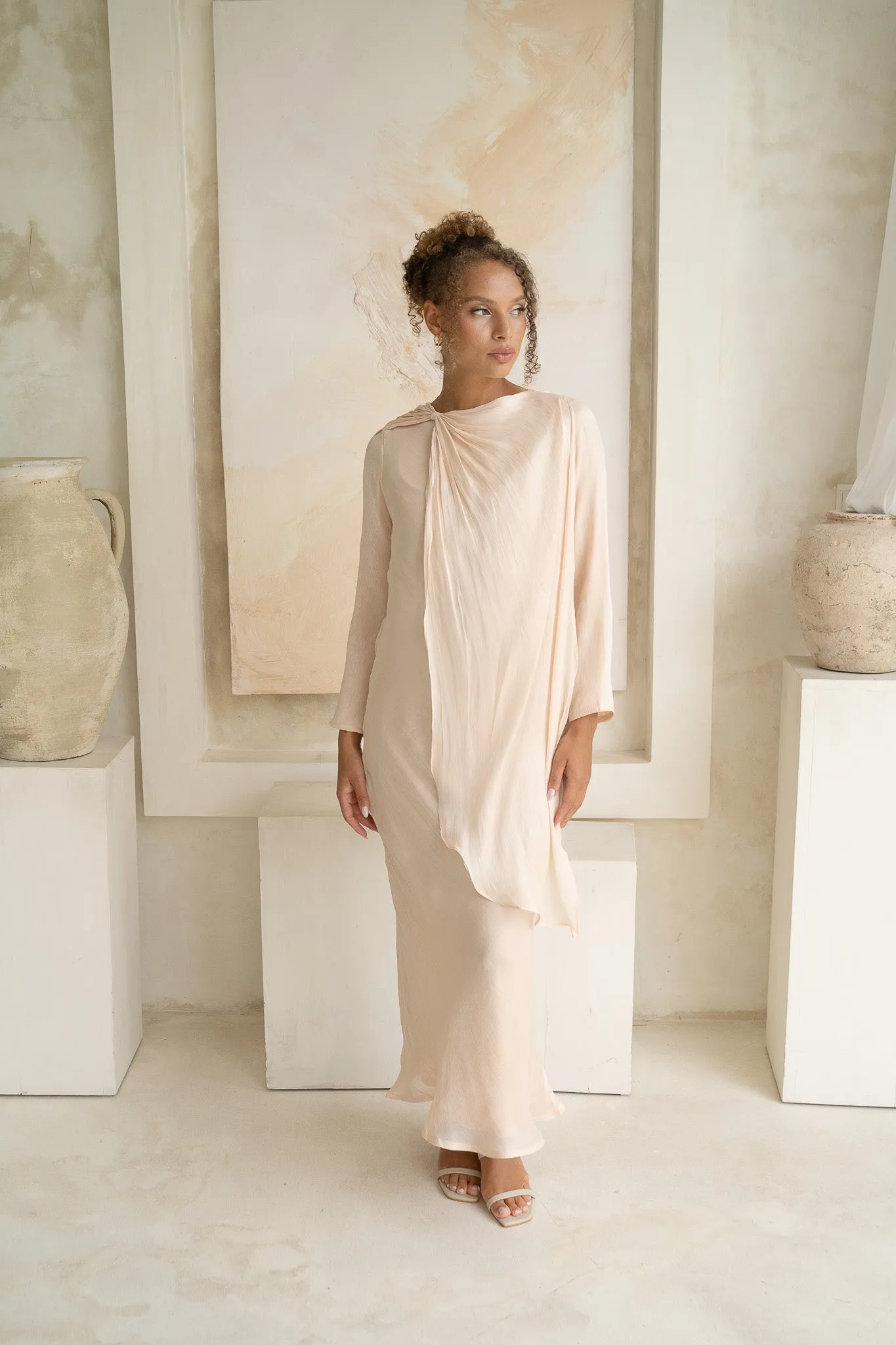 Cream Caped Elegance Flow Maxi Dress
