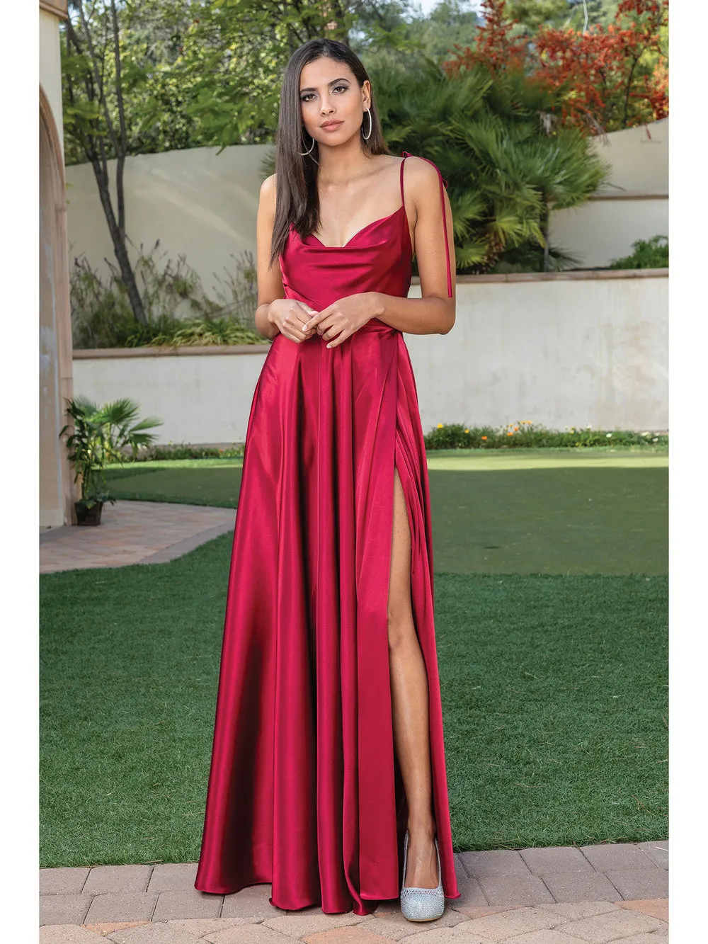 DQ 4285 - Satin A-Line Prom Gown with Tie Up Straps & Leg Slit