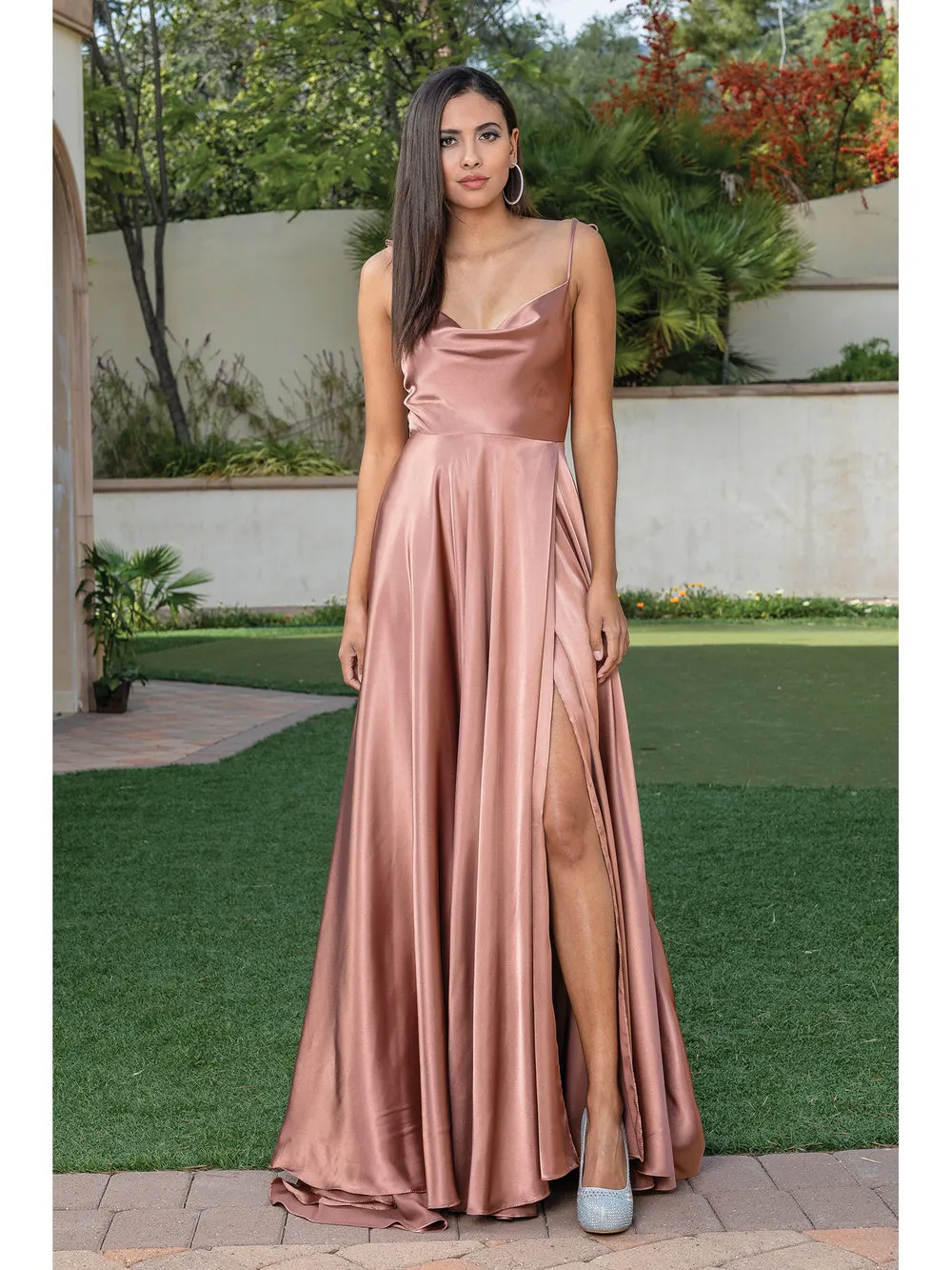 DQ 4285 - Satin A-Line Prom Gown with Tie Up Straps & Leg Slit