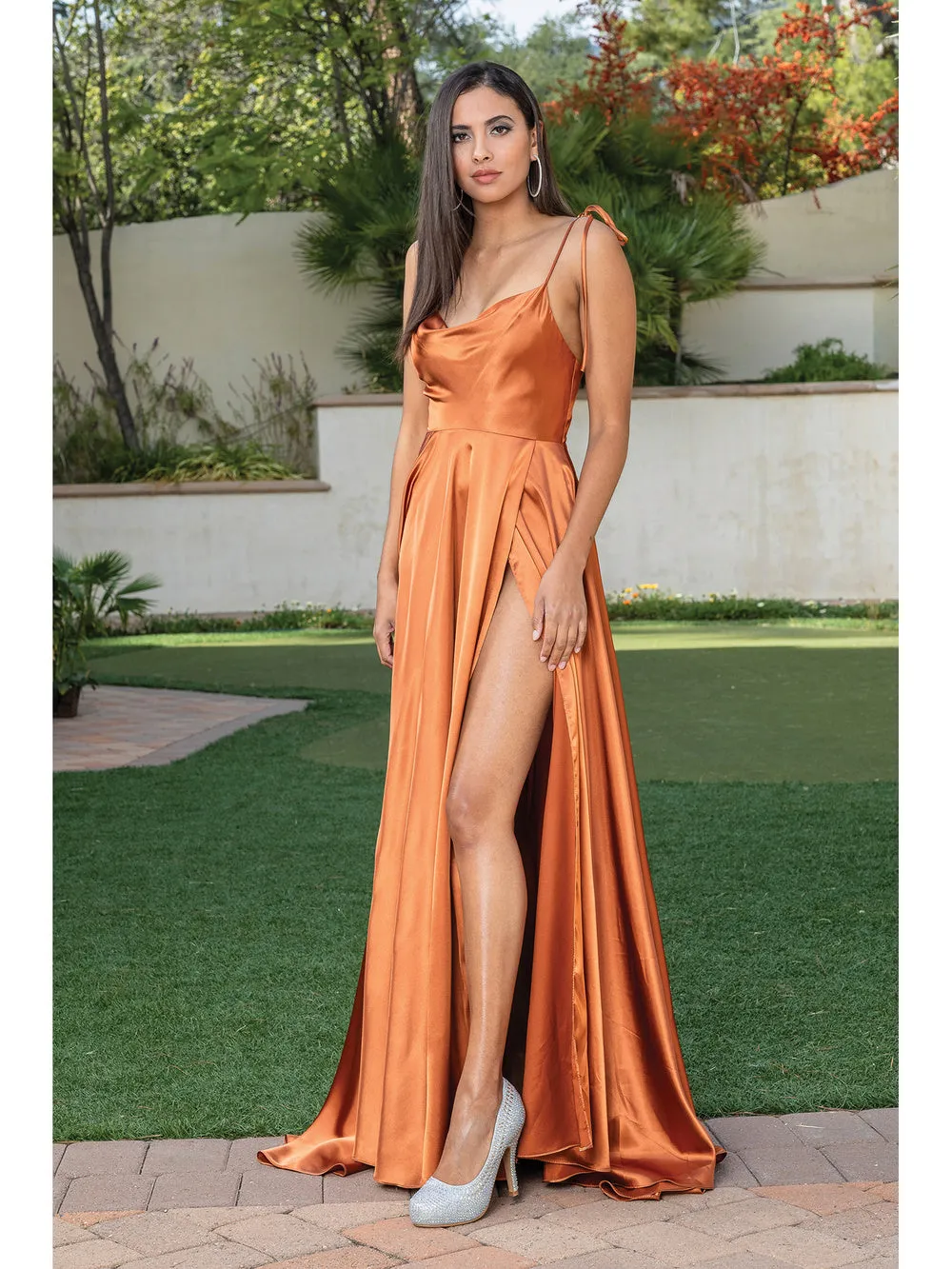 DQ 4285 - Satin A-Line Prom Gown with Tie Up Straps & Leg Slit