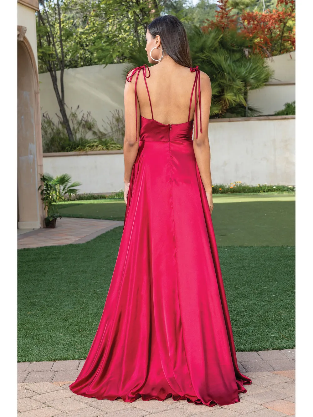 DQ 4285 - Satin A-Line Prom Gown with Tie Up Straps & Leg Slit