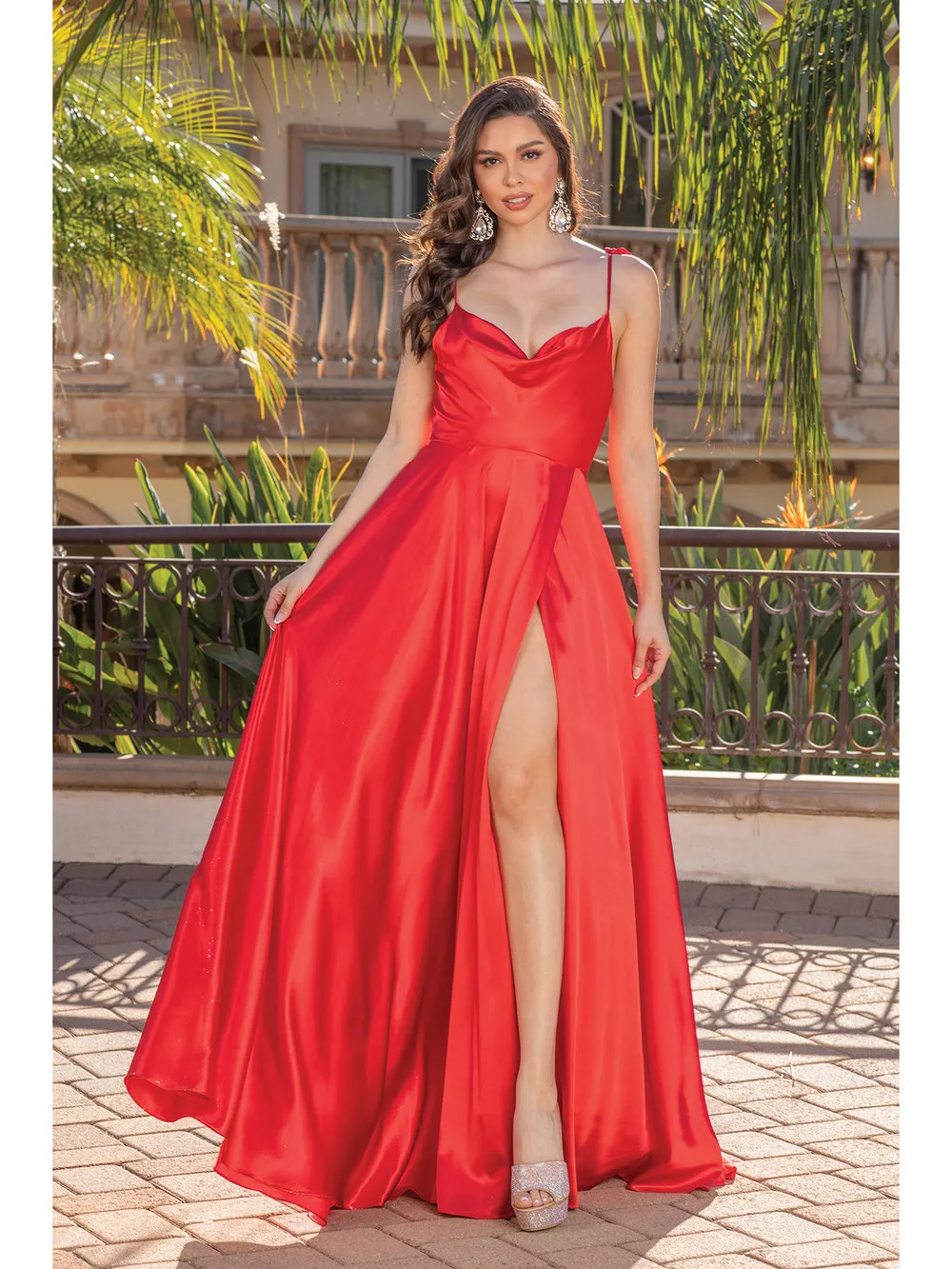 DQ 4285 - Satin A-Line Prom Gown with Tie Up Straps & Leg Slit