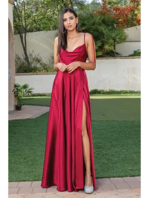 DQ 4285 - Satin A-Line Prom Gown with Tie Up Straps & Leg Slit