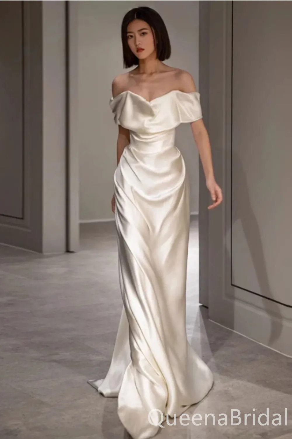 Elegant Ivory Off the Shoulder Satin Sheath Long Prom Dress Online ,WGP1670