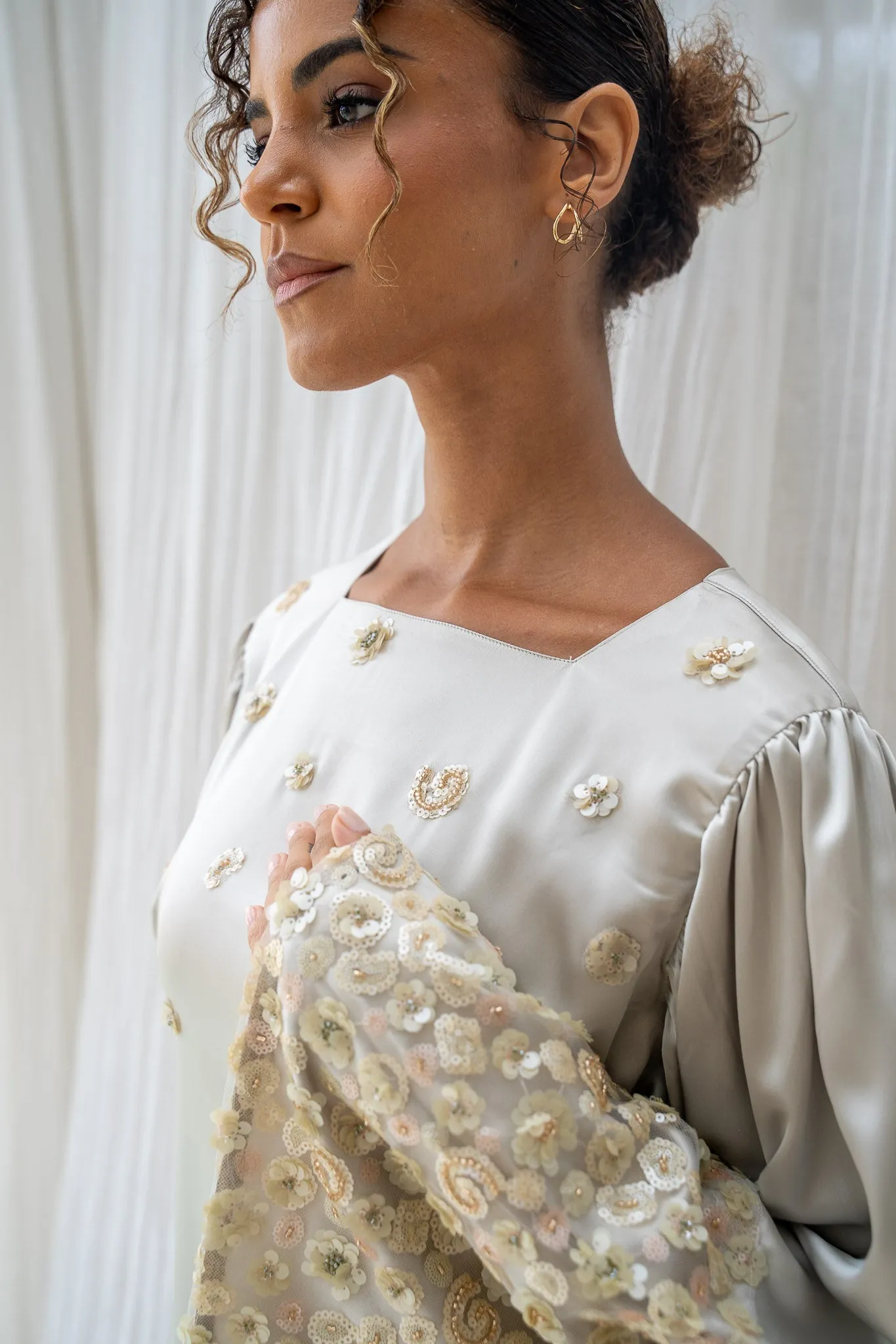 Floral Bloom Embellished Satin Sage Green Abaya