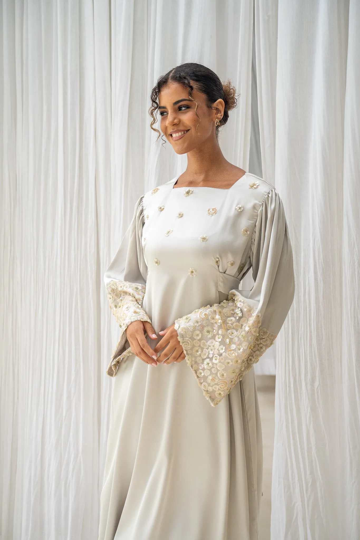 Floral Bloom Embellished Satin Sage Green Abaya