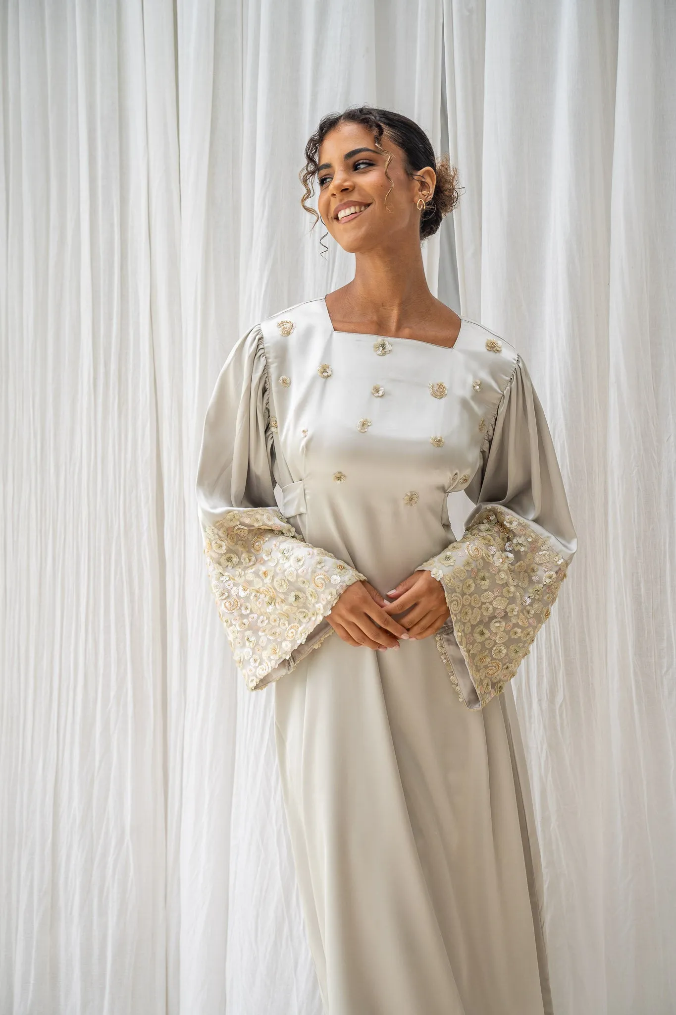 Floral Bloom Embellished Satin Sage Green Abaya