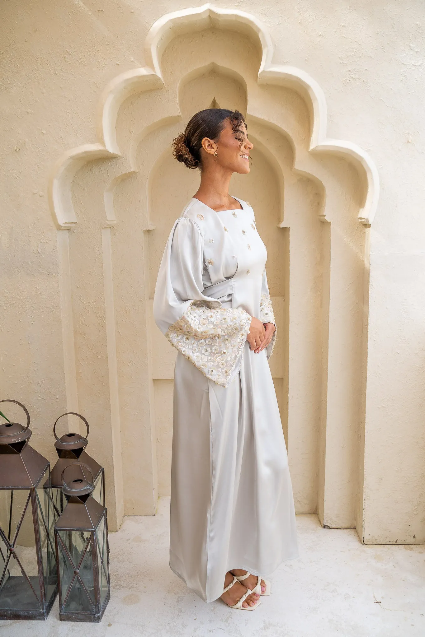 Floral Bloom Embellished Satin Sage Green Abaya
