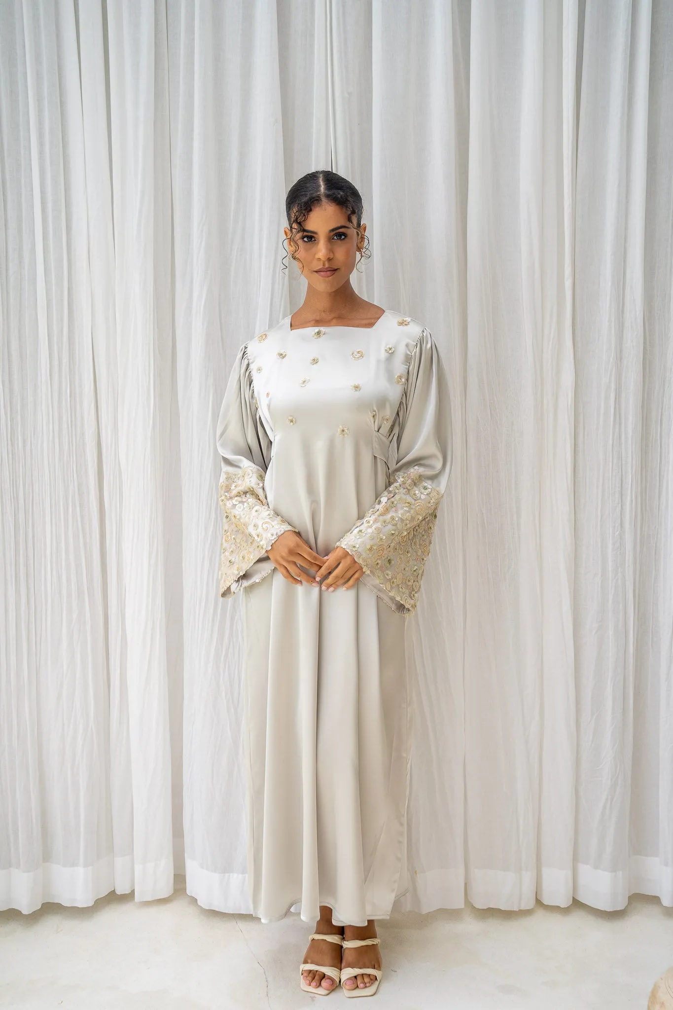 Floral Bloom Embellished Satin Sage Green Abaya