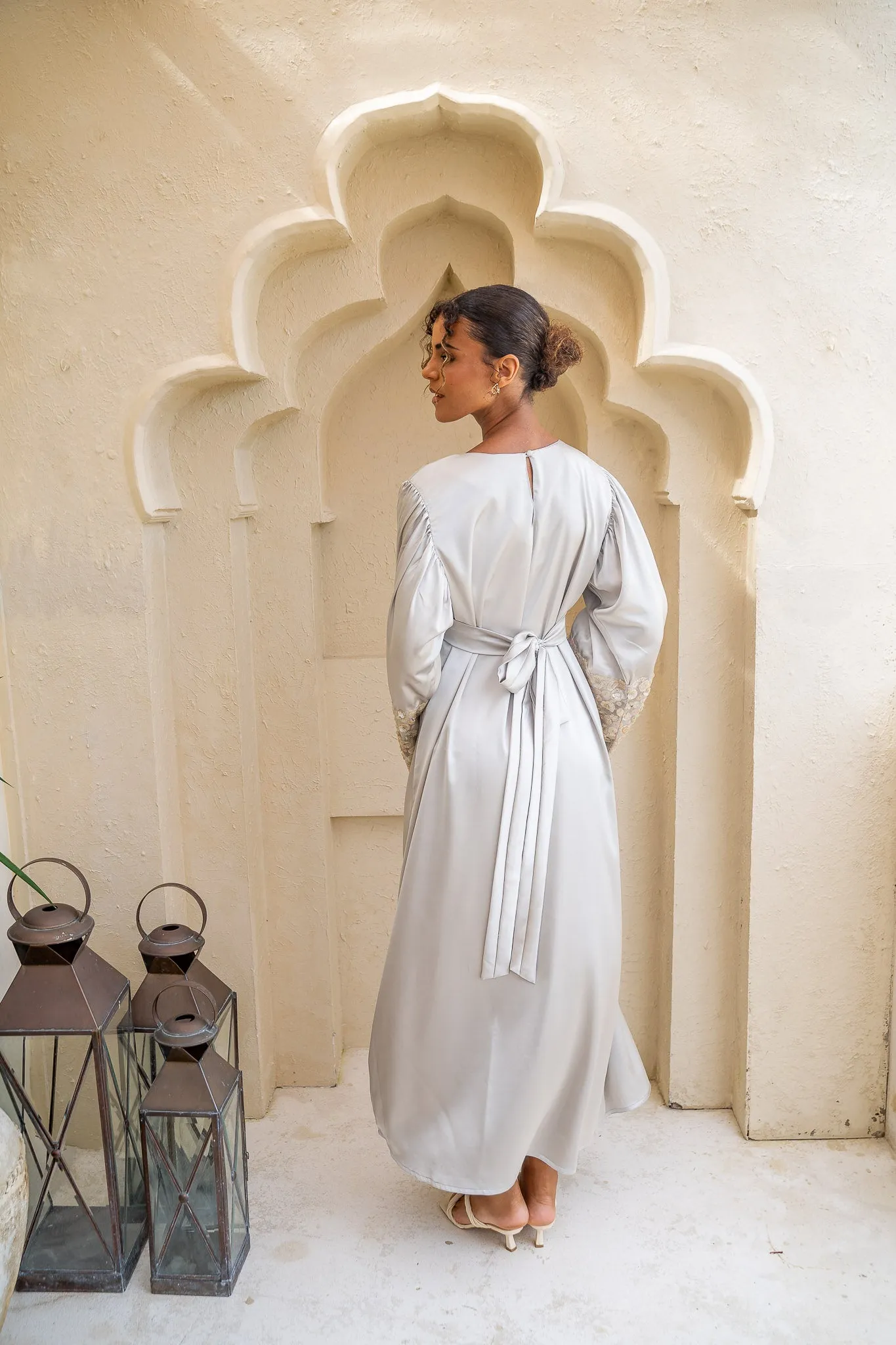 Floral Bloom Embellished Satin Sage Green Abaya