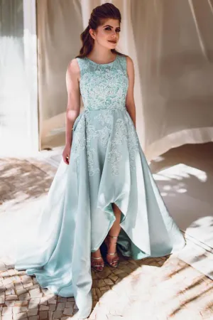 Gorgeous Satin Beautiful Sleeveless High Low Prom Dresses With Lace OKI43