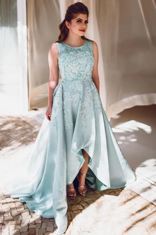 Gorgeous Satin Beautiful Sleeveless High Low Prom Dresses With Lace OKI43