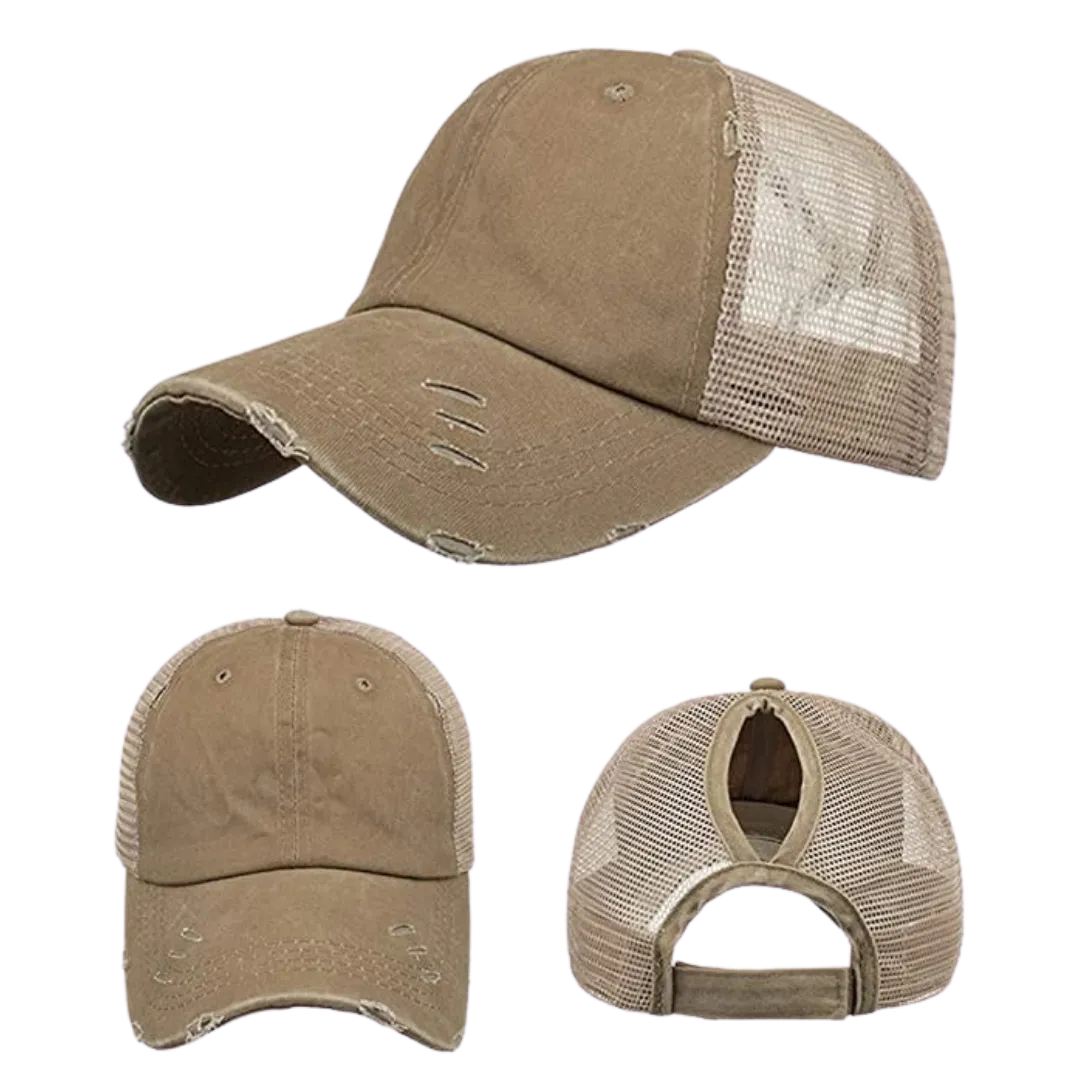 Hat, Ponytail Baseball Cap - Beige