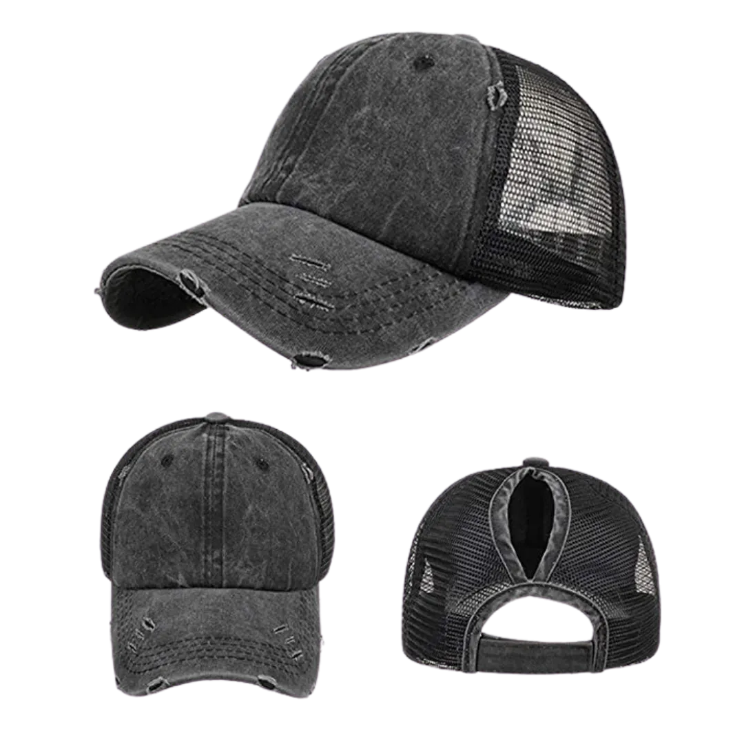 Hat, Ponytail Baseball Cap - Black