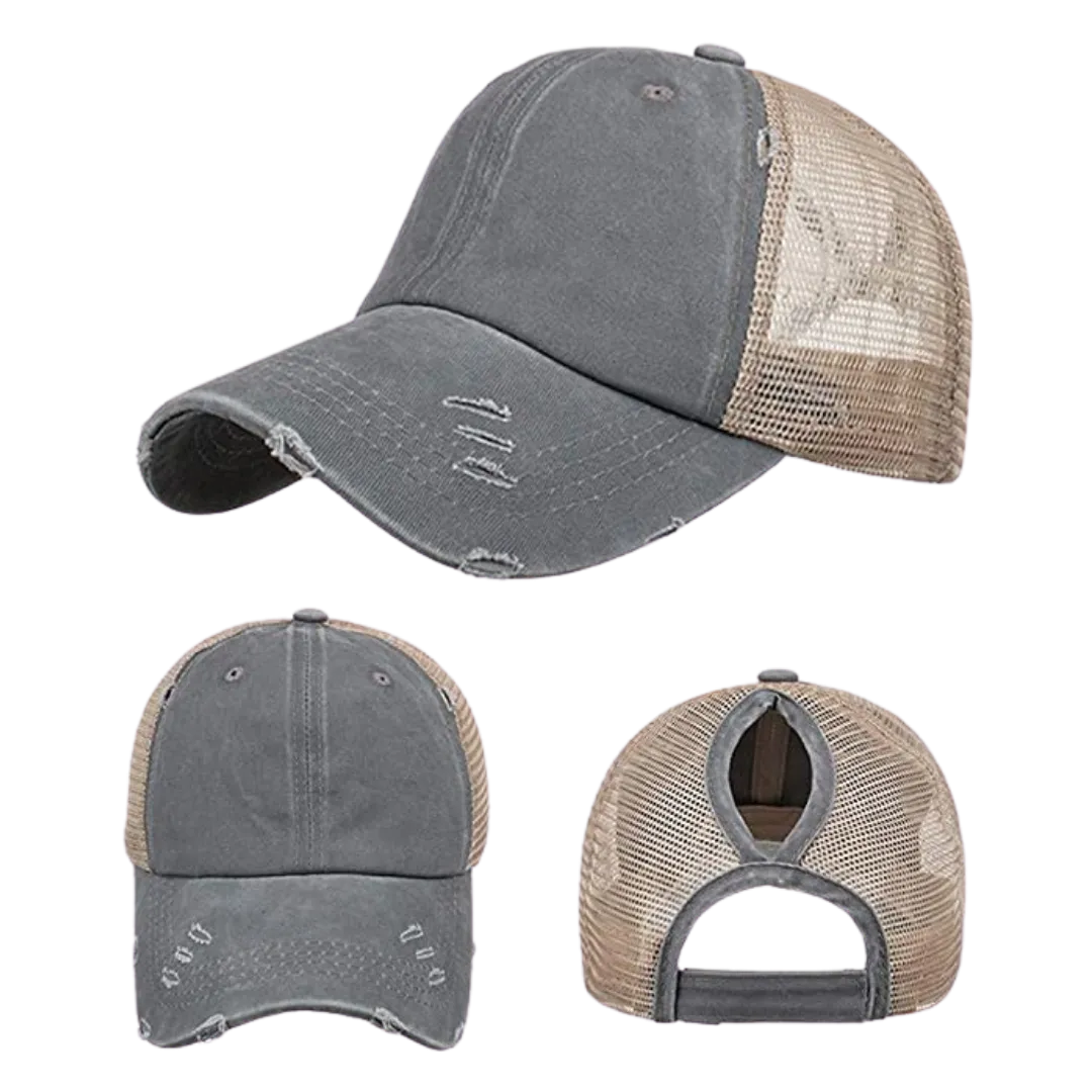 Hat, Ponytail Baseball Cap - Grey