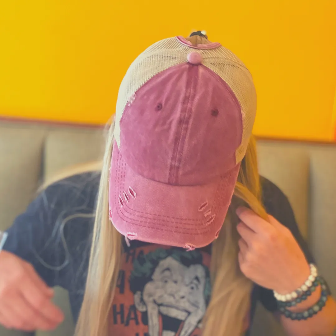 Hat, Ponytail Baseball Cap - Red