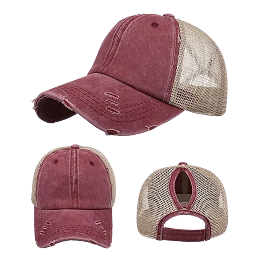 Hat, Ponytail Baseball Cap - Red