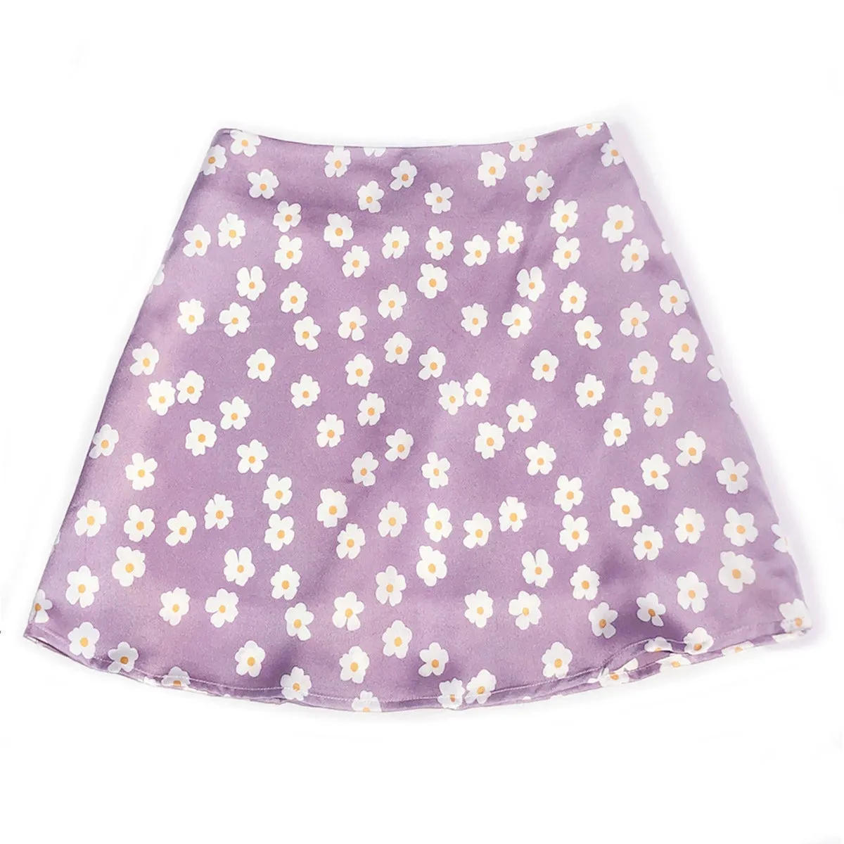 High Waist Mini Skirt with Casual Ditsy Floral Print in Satin Fabric