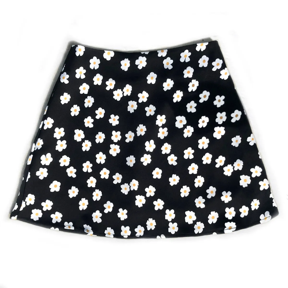 High Waist Mini Skirt with Casual Ditsy Floral Print in Satin Fabric