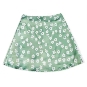 High Waist Mini Skirt with Casual Ditsy Floral Print in Satin Fabric