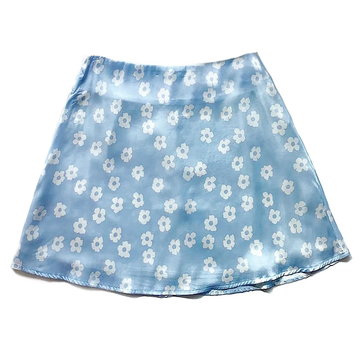 High Waist Mini Skirt with Casual Ditsy Floral Print in Satin Fabric