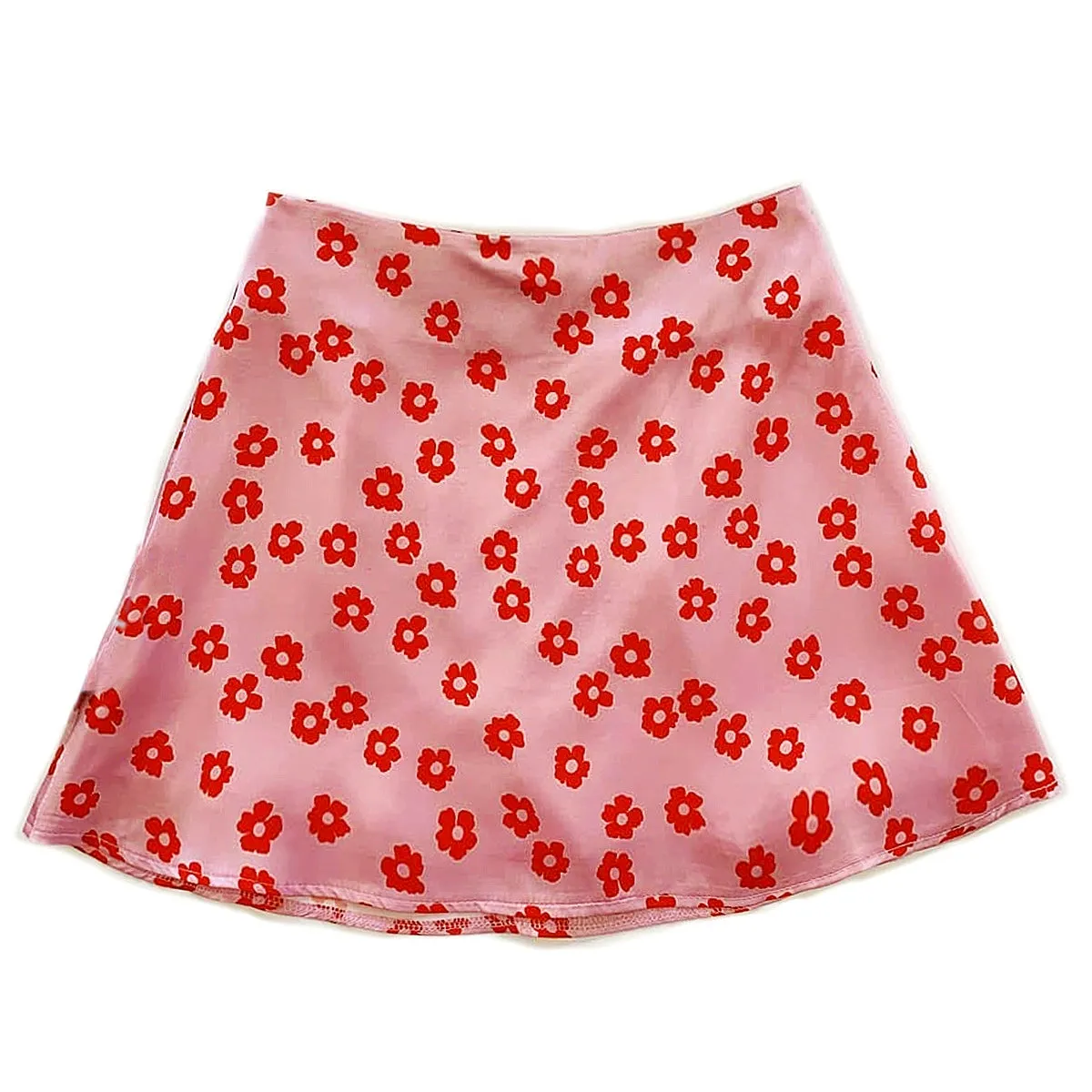 High Waist Mini Skirt with Casual Ditsy Floral Print in Satin Fabric