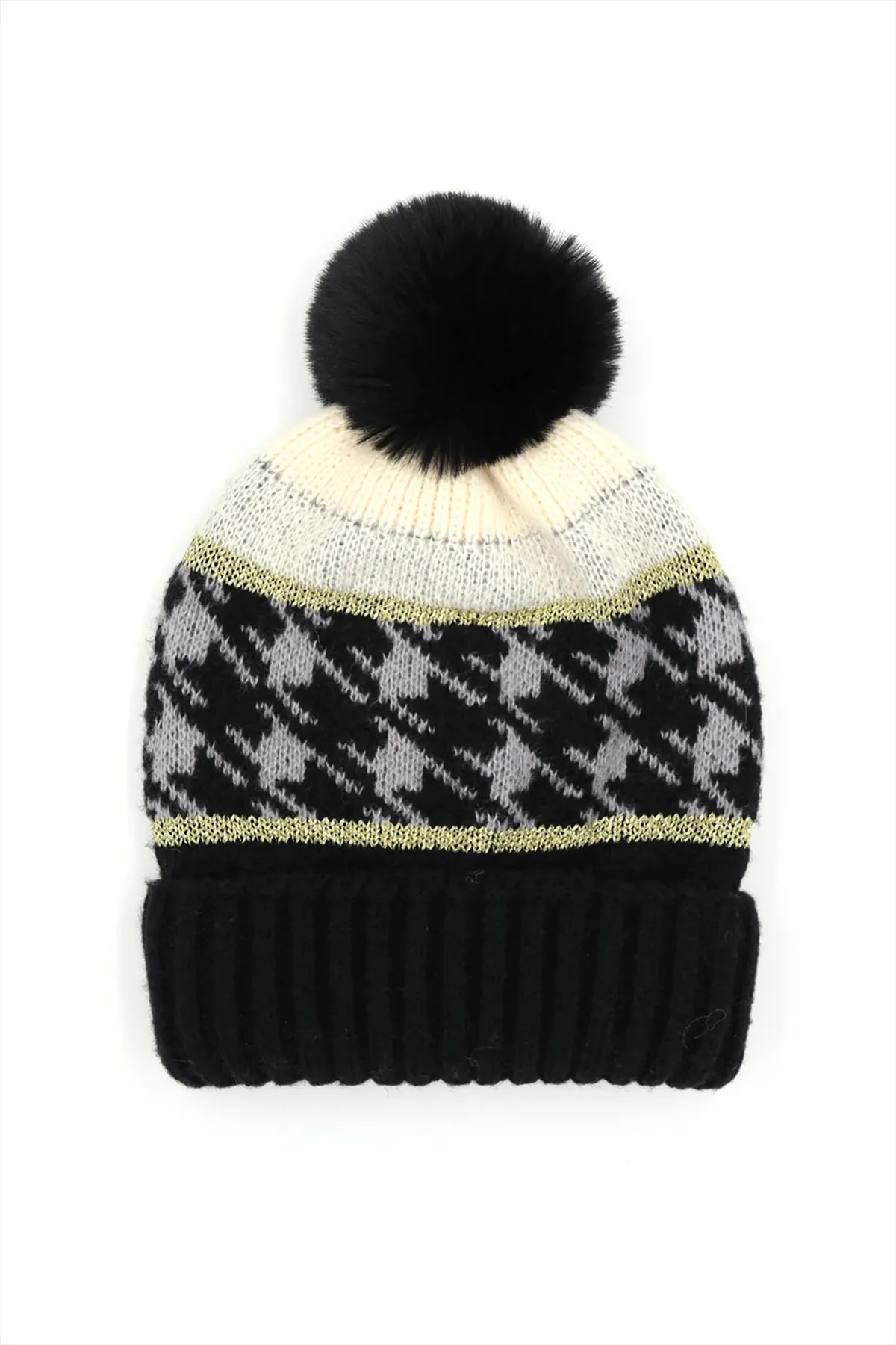 HOUNDSTOOTH BEANIE W/ POMPOM