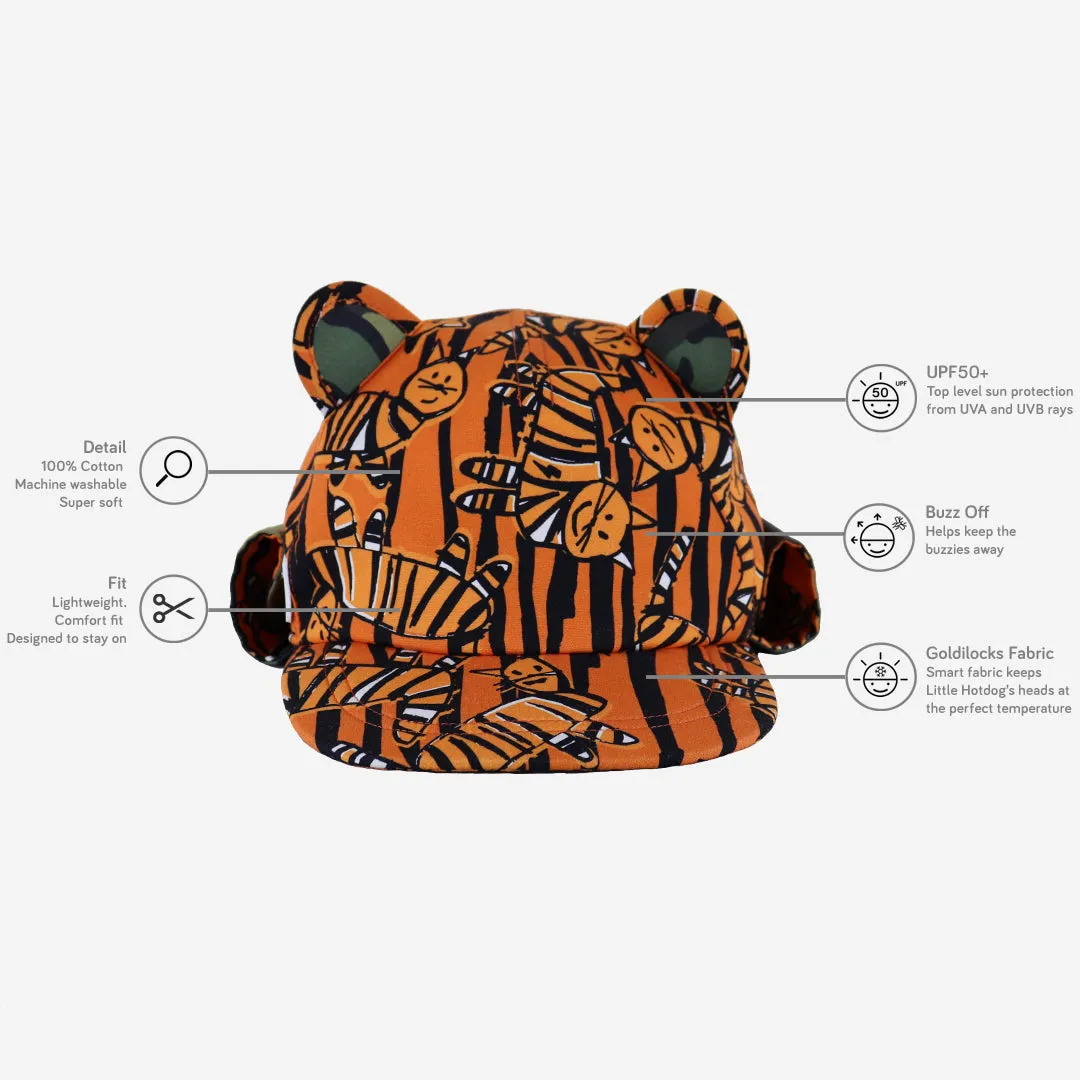 Kids Cub sun hat with neck flap: Tiger King