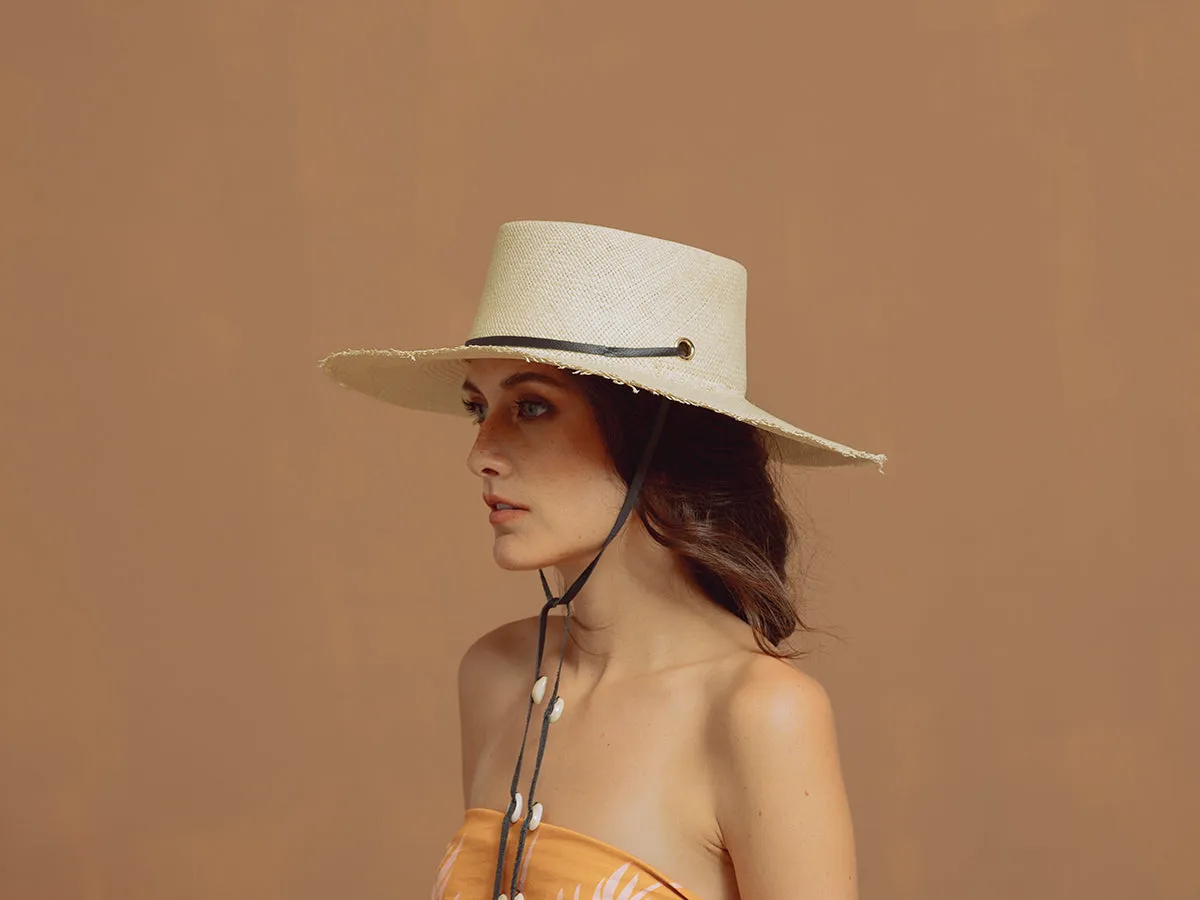 Long Brim Cordovan Hat with Leather & Seashells Band