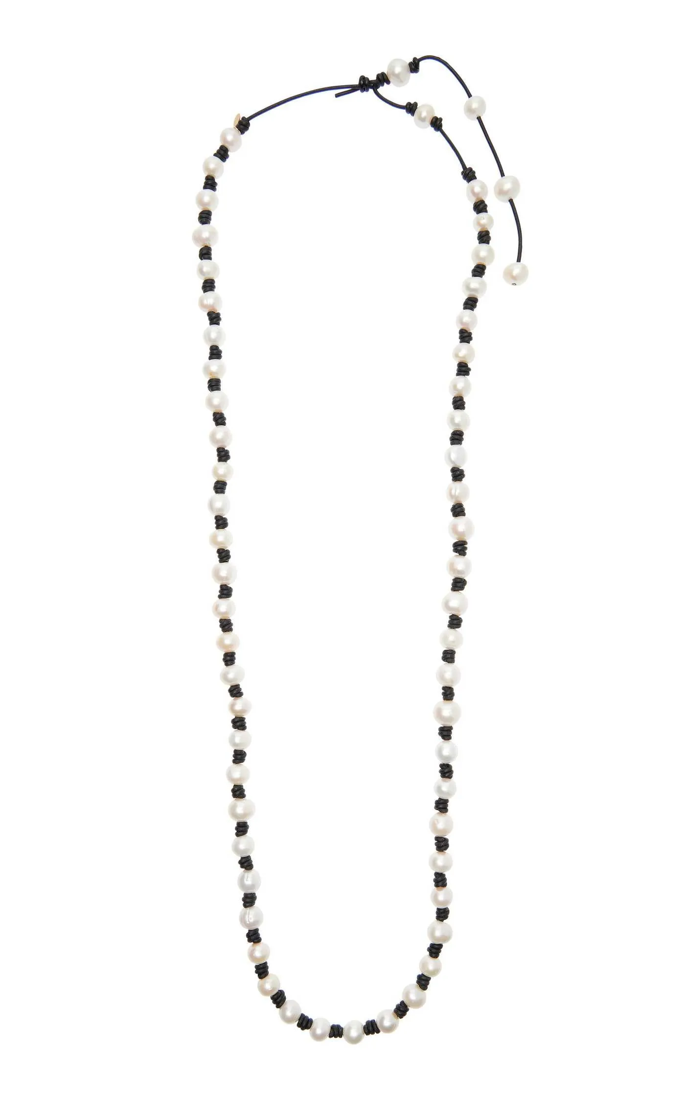 Long Knotted 12-14MM Pearl and Leather Necklace w/ Tail