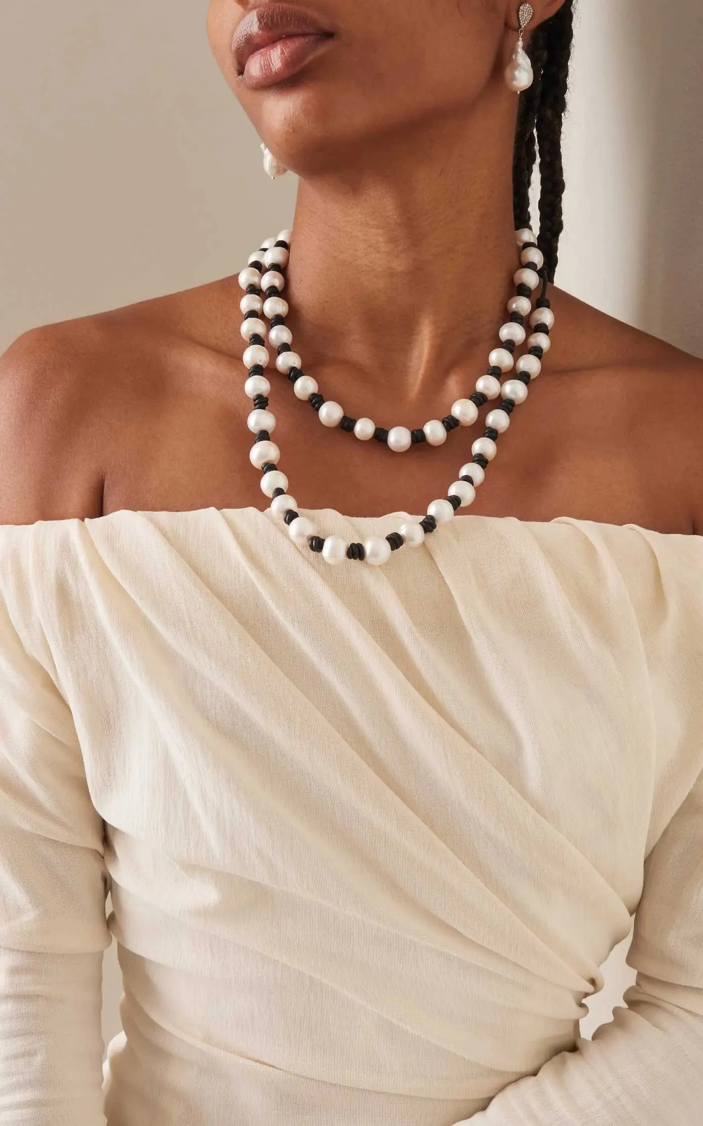 Long Knotted 12-14MM Pearl and Leather Necklace w/ Tail