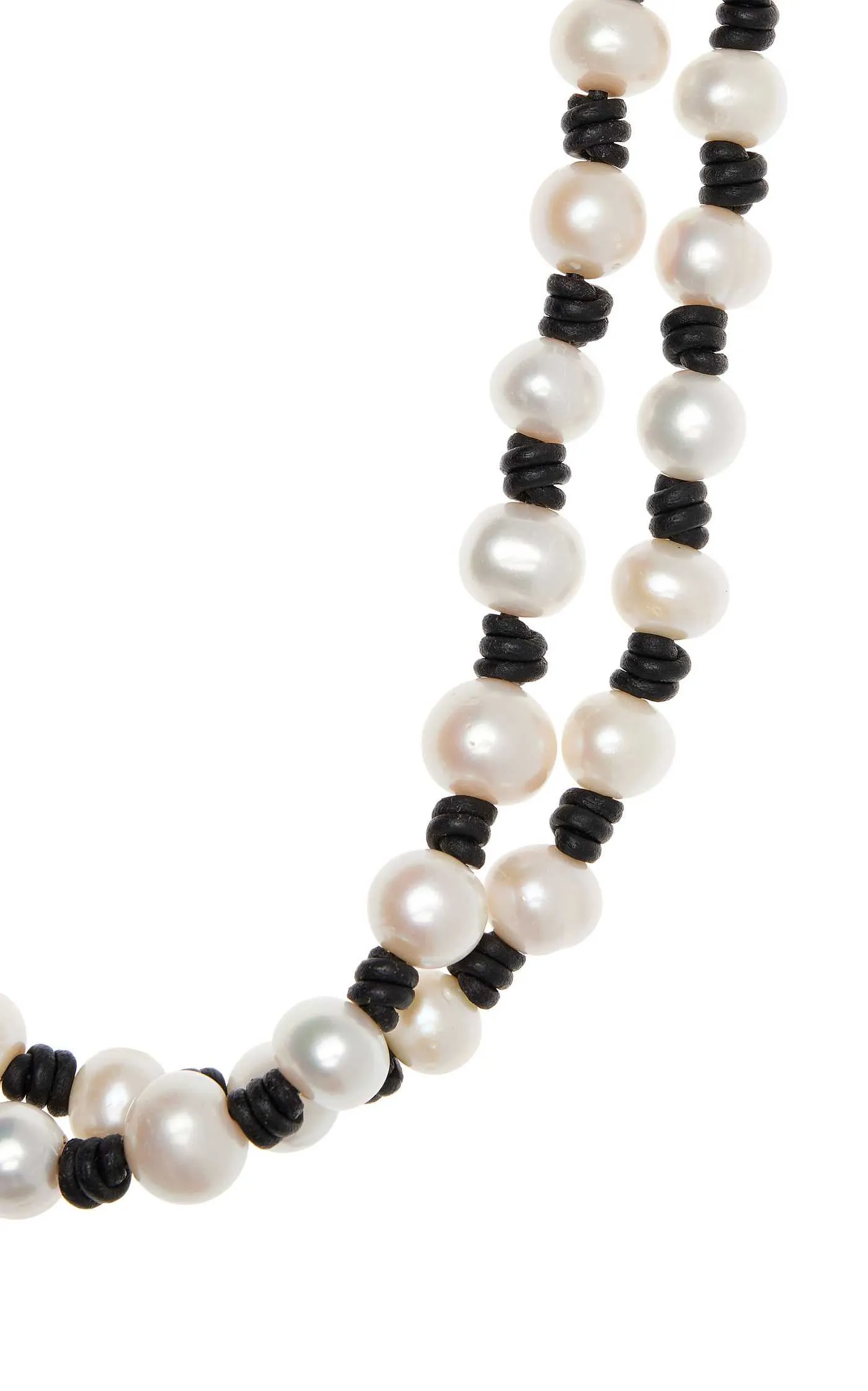 Long Knotted 12-14MM Pearl and Leather Necklace w/ Tail