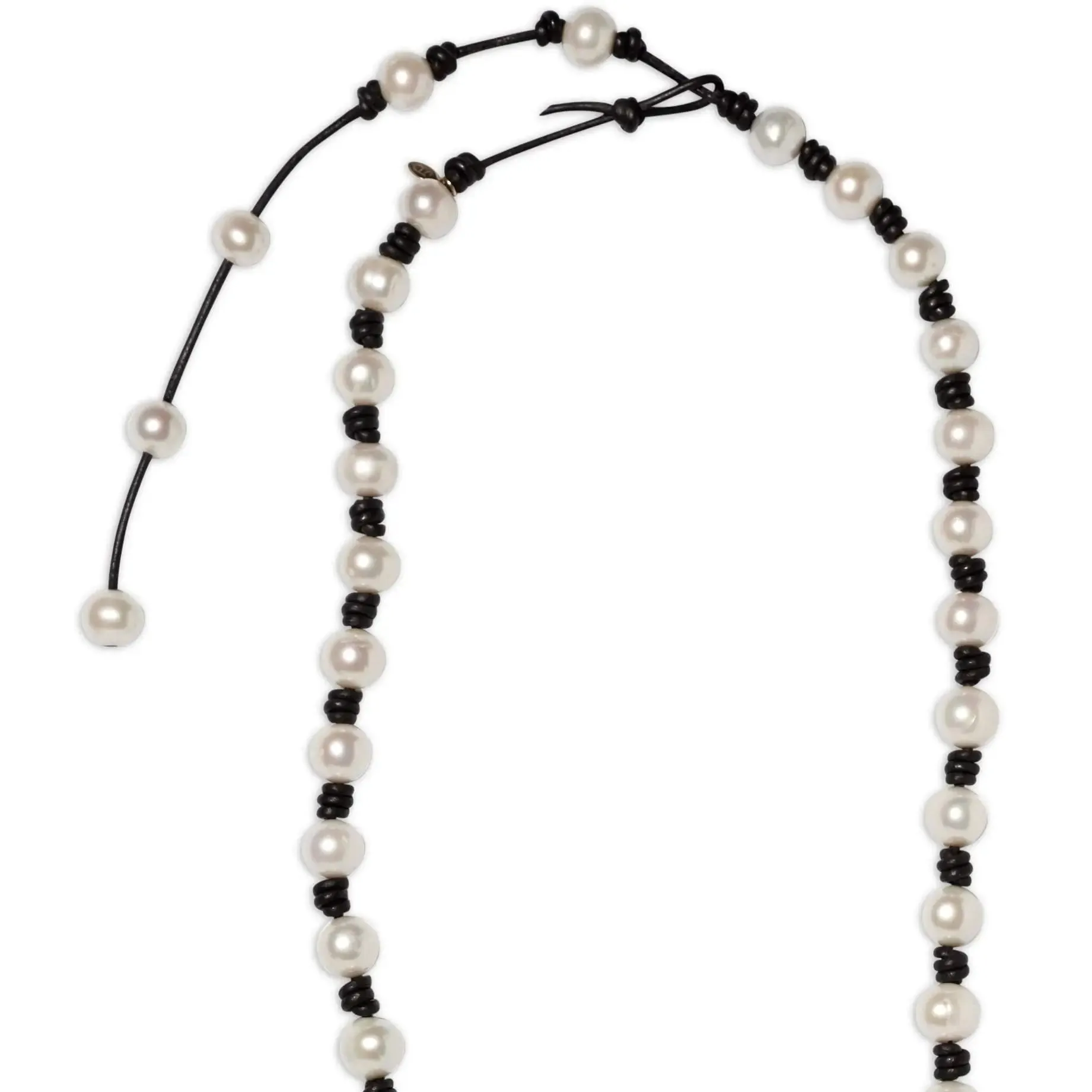 Long Knotted 12-14MM Pearl and Leather Necklace w/ Tail